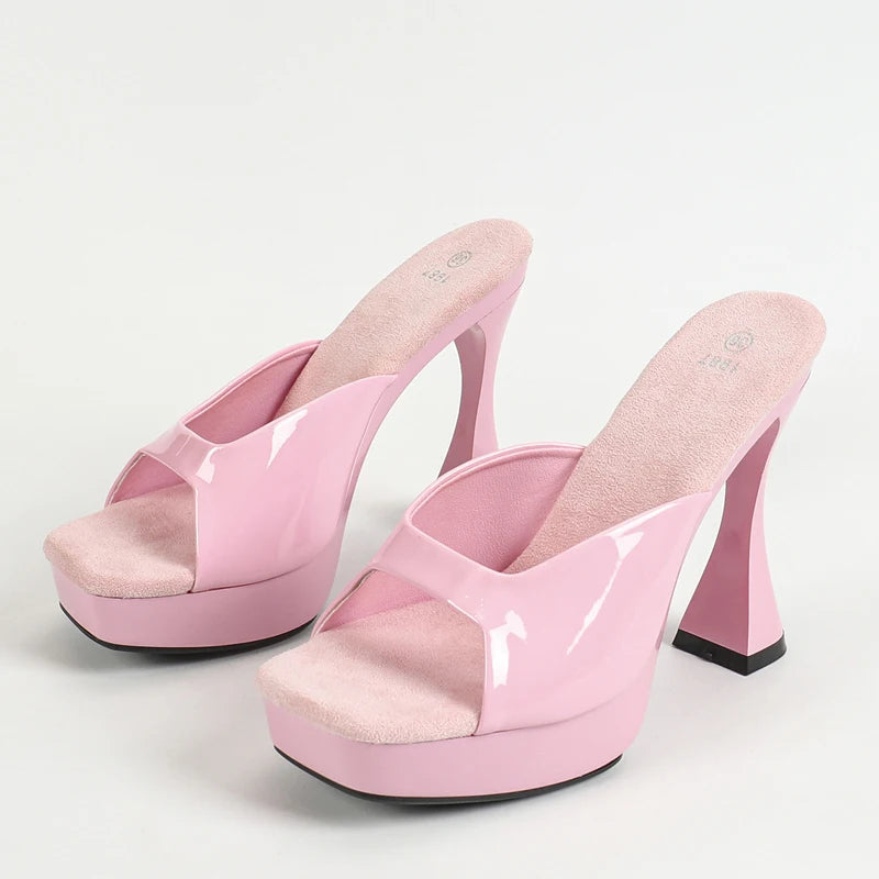 Designer Patent Leather Slipper Square Toe Platform Shoes Summer Wedding Party Female Sandals