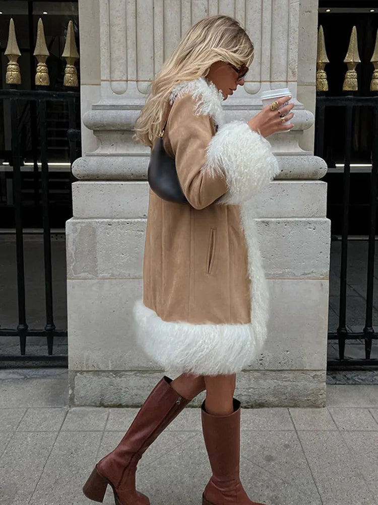 Furry Faux Fur Patchwork Coats Winter Long Sleeve Lapel Female Loose Jacket Pockets Thick Warm Lady Outwear