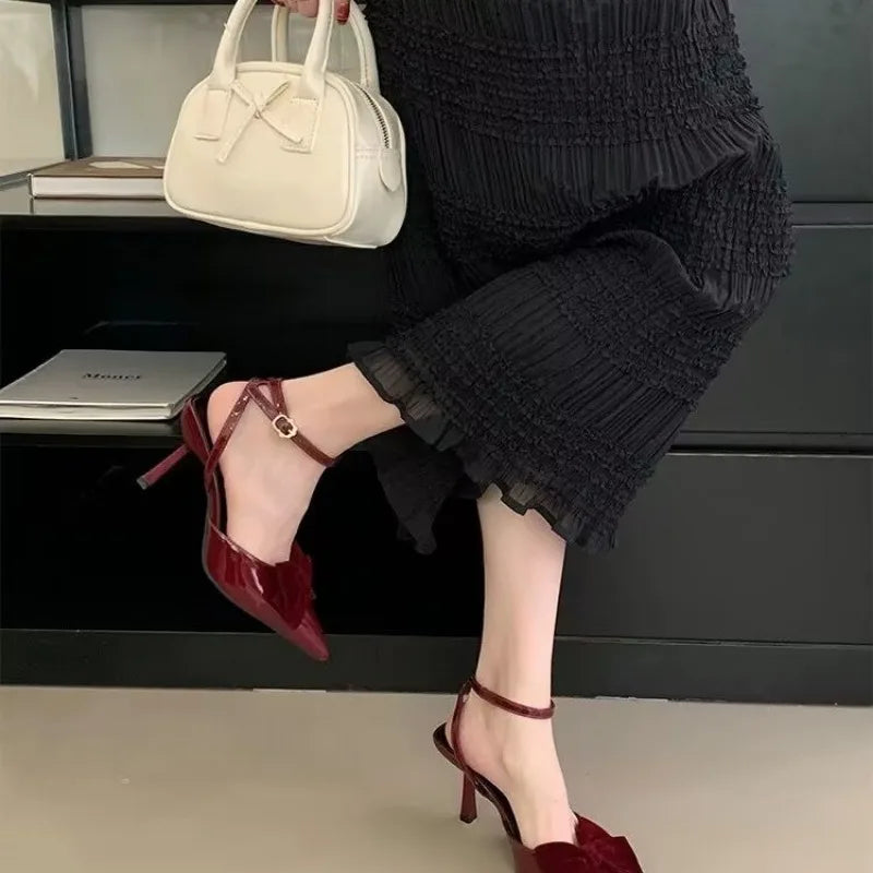 Sweet Velvet Leather Ankle Strap Buckle Sandals Summer Heels Diagonal Heels Sandals Shoes for