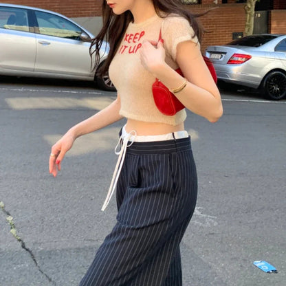 Korean Laceup Contrast Color Patchwork Pants Summer New High Waist Striped Loose All Match Straight Pants