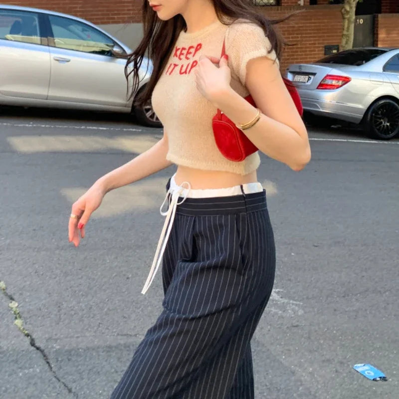 Korean Laceup Contrast Color Patchwork Pants Summer New High Waist Striped Loose All Match Straight Pants