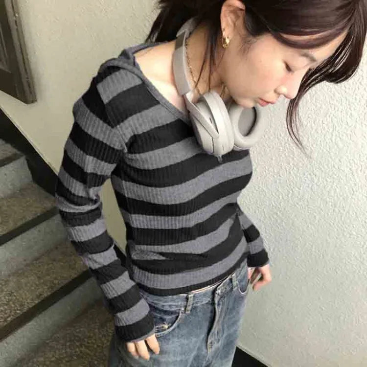 Vneck Striped Simple Knitted Tops Mujer Street Allmatch Hoodie Coat Y2k Slim Fit Long Sleeve Pullovers
