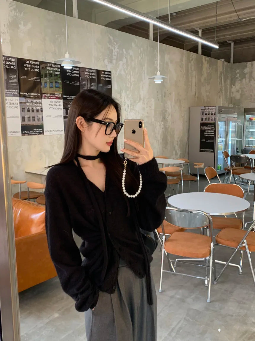 South Korea Cardigan Simple Temperament Vneck Neck Irregular Buckle Waist Slimming Tops Long Sleeve Sweater