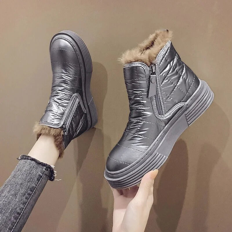 Waterproof Booties Snow Boots Boot Short Barrel Flat Shoes for Hot Silver Warm Low Shoe Winter Elastic Furry