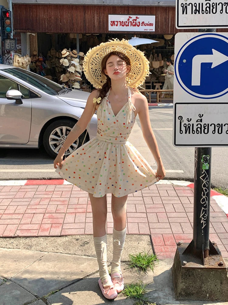 Summer New Sweet Kawaii Dots Mini Dress Retro Sleeveless One Piece Dress Japanese Style Even Party Dress