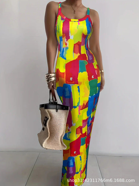 Color Tie Dye Print Spaghetti Strap Long Dresses Package Hip Bodycon Dress Female Club Vestidos