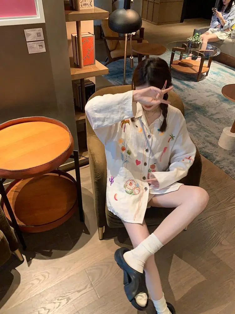 Sweet Embroidery Loose Shirts Stripe Lapel Blouses Two Piece Set Korean Blusa Mujer Moda