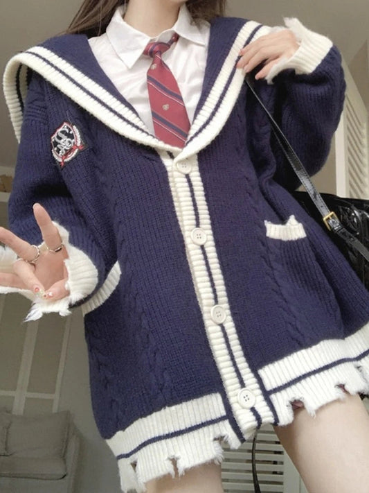 Sailor Collar Knitted Cardigan Oversized Preppy Style Sweaters Coat for Korean Style New