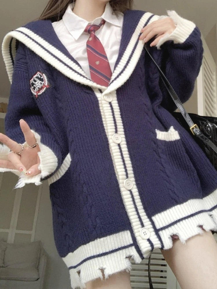 Sailor Collar Knitted Cardigan Oversized Preppy Style Sweaters Coat for Korean Style New