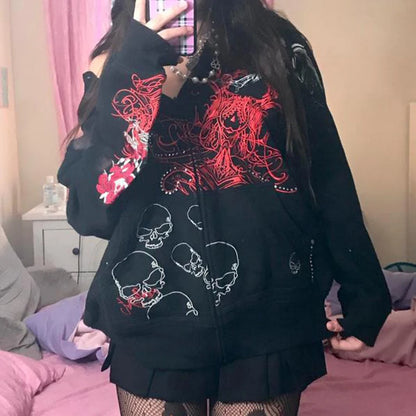 Indie Grunge Graphic Print Zip Up Hoodie Y2k Clothes Harajuku Grunge Baggy Sweatshirt Korean Kawaii Goth Mall Emo Jacket
