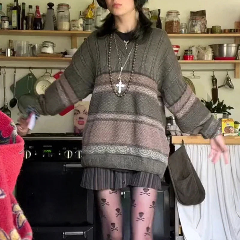 Graphic Striped Print Loose Pullovers Y2k Fairycore Grunge Knitted Sweaters Autumn Long Sleeve Aesthetic Retro Knitwear