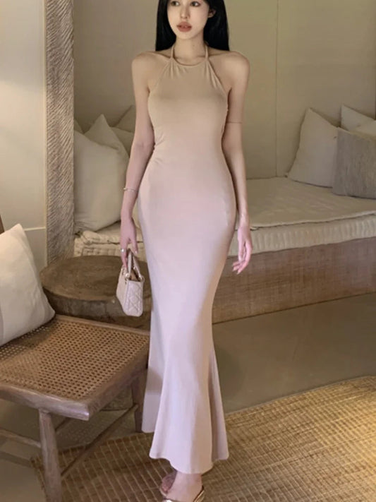 New Slim Sleeveless Midi Dresses Halterneck Backless Birthday Party Bodycon Dress
