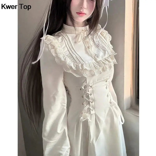 Princess Laceup Midi Dresses Autumn New Party Dress Long Sleeve Oneck High Waist Y2k Gothic Vestidos Mujer