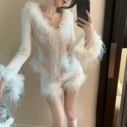 Sweet Hot Girl Pure Vneck Splicing Wooly Sweater Top Autumn and Winter Longsleeved Slim Cardigan Female Clothes