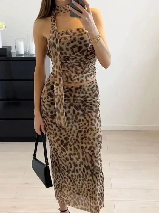 ’s Tulle Leopard Print Top Shoulder Straight Neck and Leopard Print Straight Skirt Summer Two-piece Set