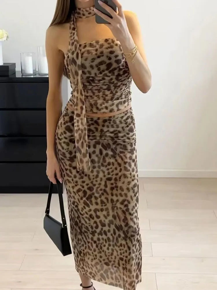 ’s Tulle Leopard Print Top Shoulder Straight Neck and Leopard Print Straight Skirt Summer Two-piece Set