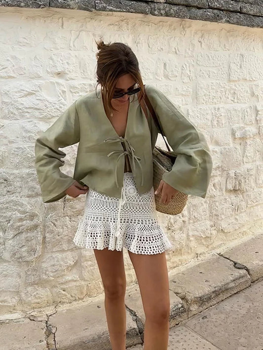 V-neck Lace Up Shirts Spring Summer New Long Sleeve Blouse for Female Street Lady Tops