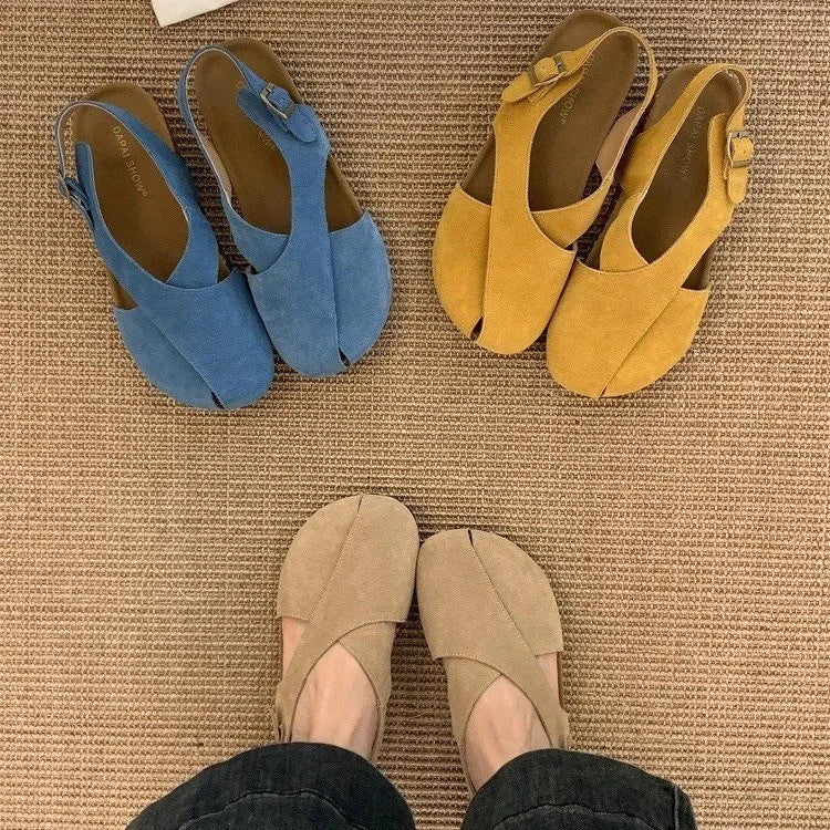 Summer Flats Sandals Platform Shoes Suede Designer Buckle Slippers Brand New Walking Slingback Sandalias Mujer