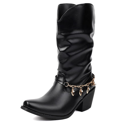 Big Size 43 Square Toe Square Toe Mid Calf Boots Metal Chain Autumn/winter Party Shoes Woman