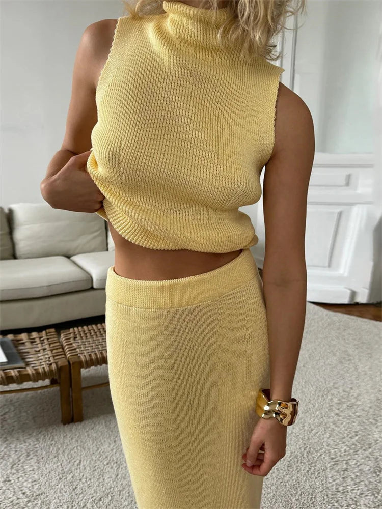 Knitwear 2 Piece-set Long Dress Female Ribbed Sweater Pullover and Loose Patchwork Maxi Skirt Sets Outfits