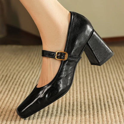 Sheepskin Square Toe Slipon Very Jane Pumps 6.5cm Thick High Heel Evening Dress Heeled Shoes for Woman