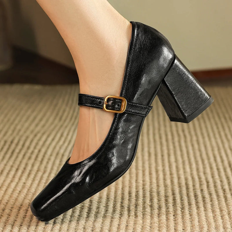 Sheepskin Square Toe Slipon Very Jane Pumps 6.5cm Thick High Heel Evening Dress Heeled Shoes for Woman