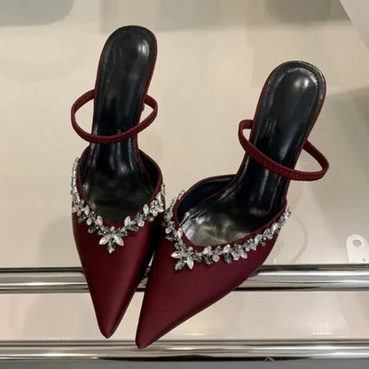 Spring Summer Pointed Toe Slippers Crystal Thin Heels Party Dress Mule Shoes