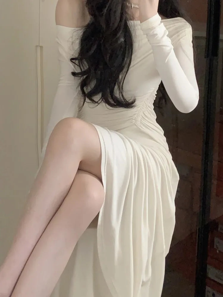 Off Shoulder Knit Midi Dresses Autumn Long Sleeve Pleated Dress Slim Evening Party Female Clothing