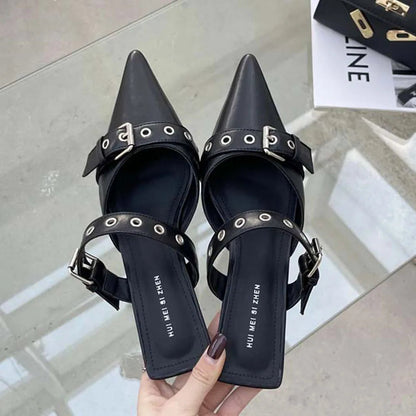 Pumps Belt Buckle Pointed Toe Black High Heel Mule Summer Slides Half Slipper Shoes for Big Size 43