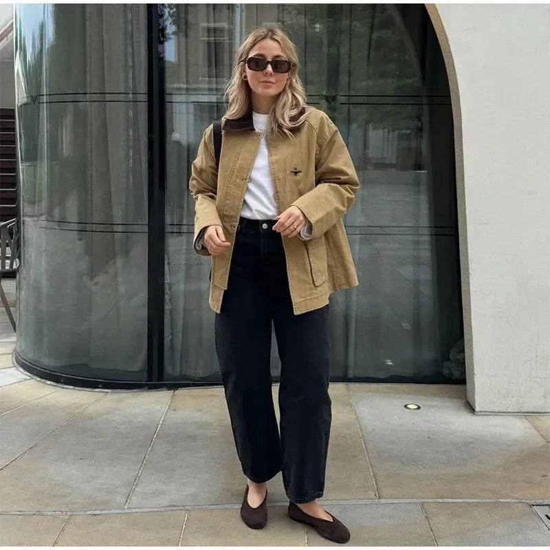 Patchwork Contrast Jacket Single Breasted Lapel Female Jackets Autumn Winter Locomotive Lady Outwear