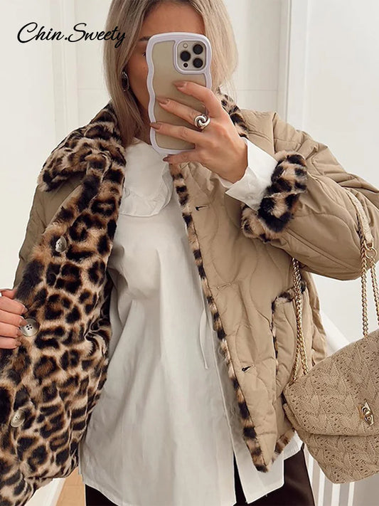 Leopard Double Side ’s Quilted Parkas Long Sleeve Lapel Fleece Button Padded Coat New Lady Thick Warm Outwear