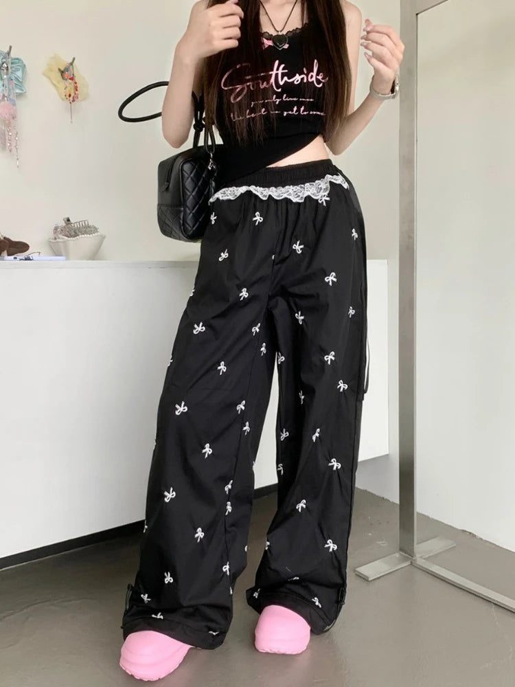 Y2k Coquette Bow Embroidery Wide Leg Pants Korean Style Kawaii Sweet Lace Patchwork High Waist Loose Pants Y2k