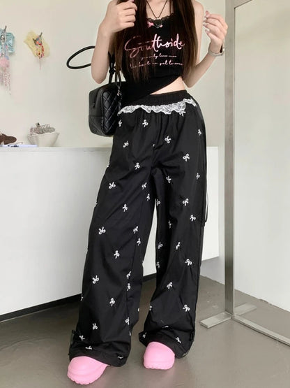 Y2k Coquette Bow Embroidery Wide Leg Pants Korean Style Kawaii Sweet Lace Patchwork High Waist Loose Pants Y2k