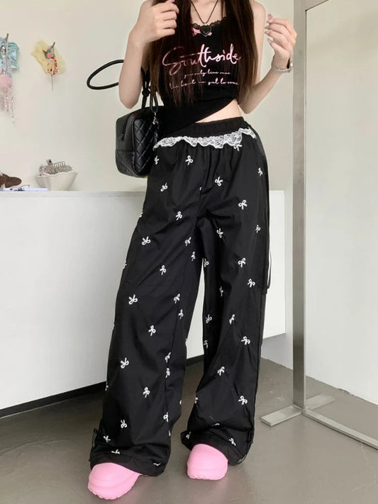 Y2k Coquette Bow Embroidery Wide Leg Pants Korean Style Kawaii Sweet Lace Patchwork High Waist Loose Pants Y2k