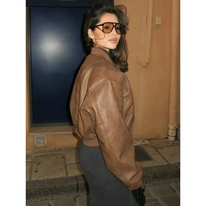 Round Imitation Leather Jacket Zipper Loose Female Jackets Autumn Stand Collar Lady Short Coat
