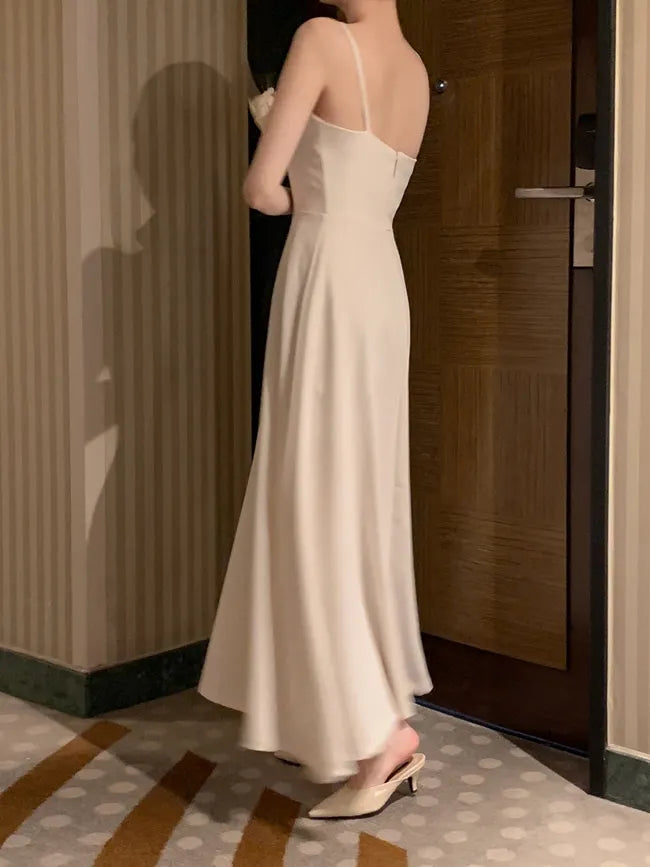 Spaghetti Straps Champagne Wedding Guest Dress Spring Summer Aline Midi Dresses Evening Party Korea Vestido Muje