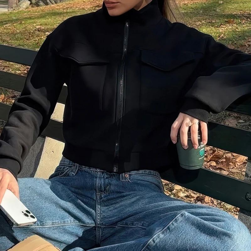 Pocket Sweatshirt Color Zipper Crop Jacket Autumn Outfits Turtleneck Y2k Coat