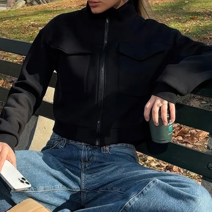 Pocket Sweatshirt Color Zipper Crop Jacket Autumn Outfits Turtleneck Y2k Coat