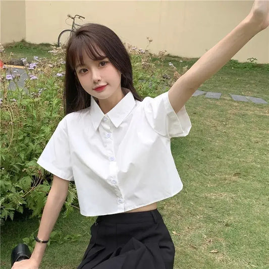 Oversize White Cropped Shirt Summer Short Sleeve Polo Neck Sweet Preppy Button Short Shirts Korean Female Blouses Blusa