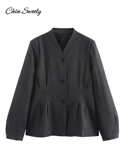 Single-breasted Blazer Coat Spring Long Lantern Sleeve Suit Jacket Female Office Lady Outerwear