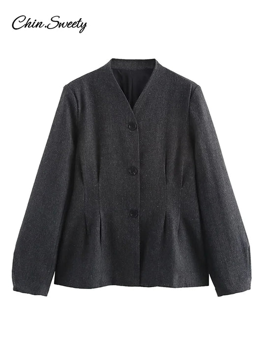 Single-breasted Blazer Coat Spring Long Lantern Sleeve Suit Jacket Female Office Lady Outerwear