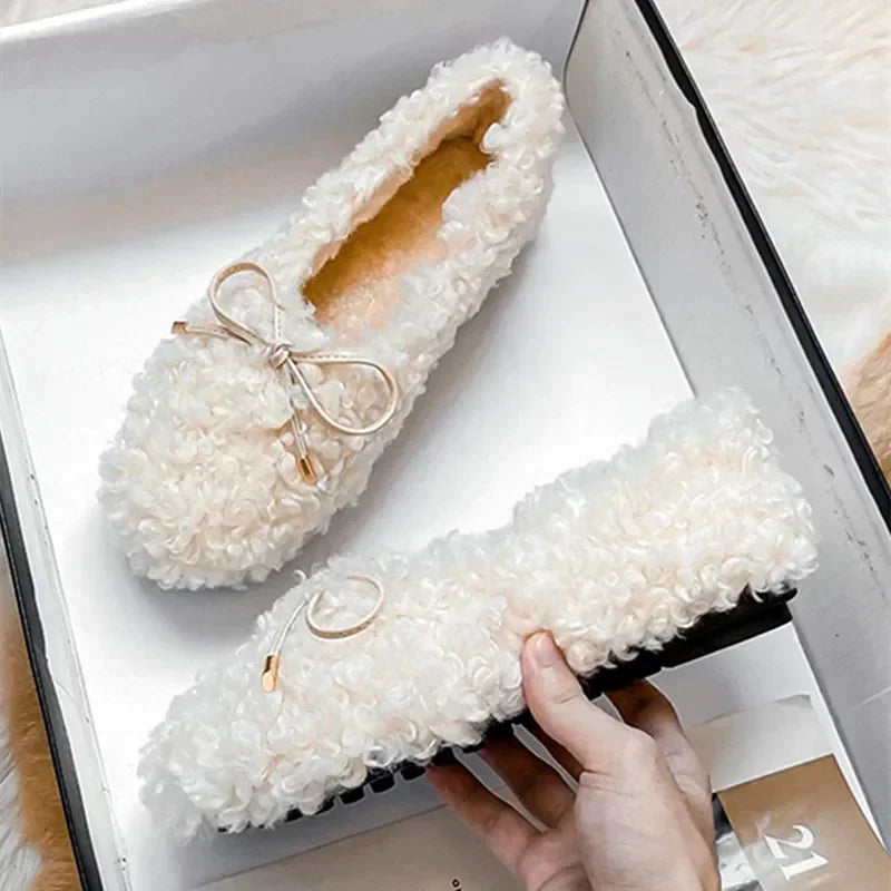 Plush Warm Flat Shoes for Winter Bow Design Nonslip Soft Bottom Ballet Shoes Low Heel Padded Mules