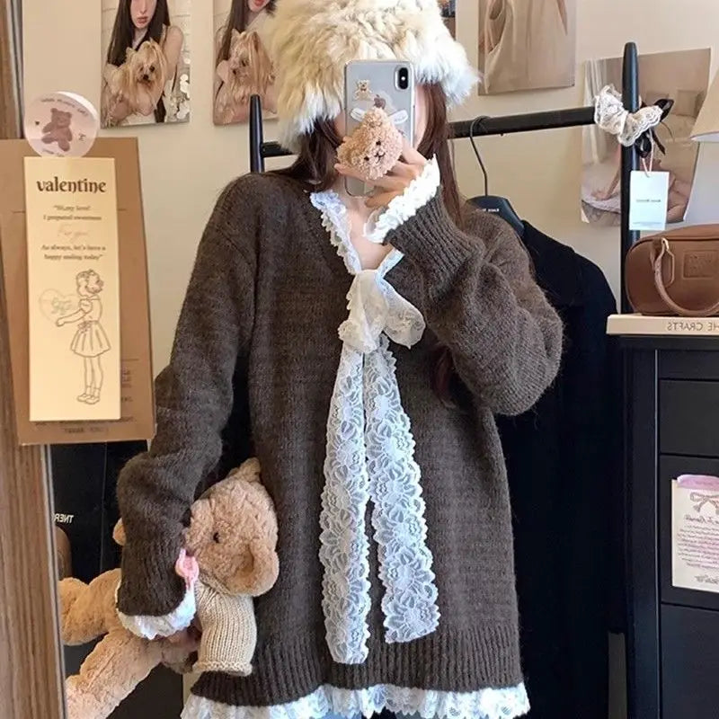 Lace Patchwork Ribbed Sweater for Cutecore Bow Vneck Knitted Pullovers Winter Warm Fairy Grunge Gray Clothes
