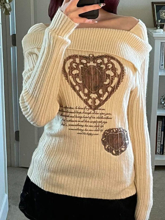 White Autumn Winter New Sweater Long Sleeve Y2k Retro Heart Print Top Off Shoulder Hotsweet Slim Pullovers