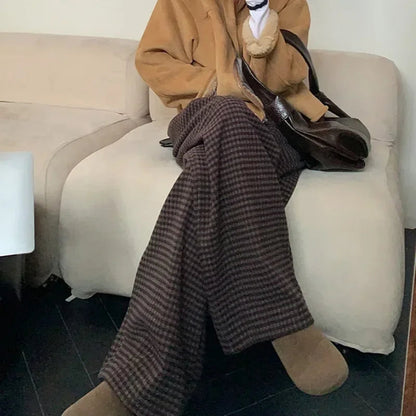High Waist All Match Tweed Pants Spring New Contrast Color Plaid Wide Leg Pants