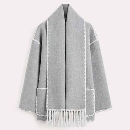 Loose Coat With Scarf Long Sleeve Pocket Single Breasted Female Coats Autumn Winter Lady Jacket