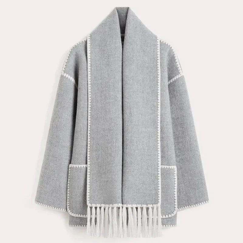 Loose Coat With Scarf Long Sleeve Pocket Single Breasted Female Coats Autumn Winter Lady Jacket