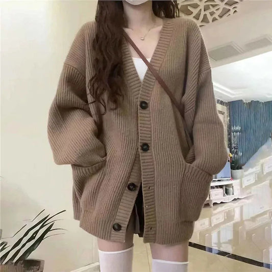 Autumn Winter Cardigan Sweater Coats Female Long Sleeve V-neck Loose Knitted Jackets Sweater Cardigans