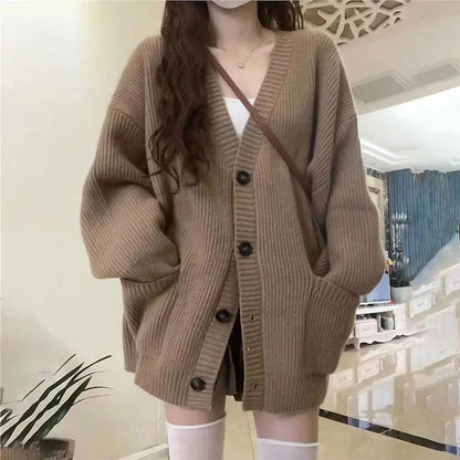 Autumn Winter Cardigan Sweater Coats Female Long Sleeve V-neck Loose Knitted Jackets Sweater Cardigans