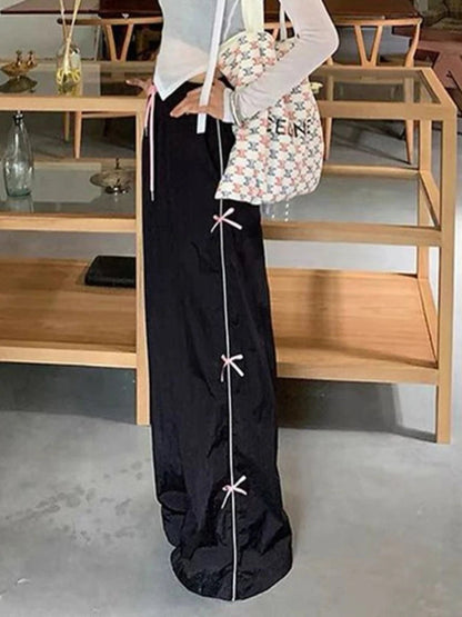 Black Baggy Sports Pants Y2k Bow Drawstring Straight Wide Leg Sweatpants Hip Hop Causal Kpop Mujer Bottoms